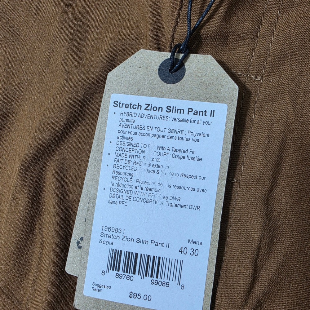 NEW Prana Stretch Zion Slim Pant II Mens 40/30 Sepia Brown Hiking Taper Stretch - Picture 3 of 12